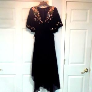 ASOS DESIGN flutter sleeve midi dress with pleated waist and floral embrodiery